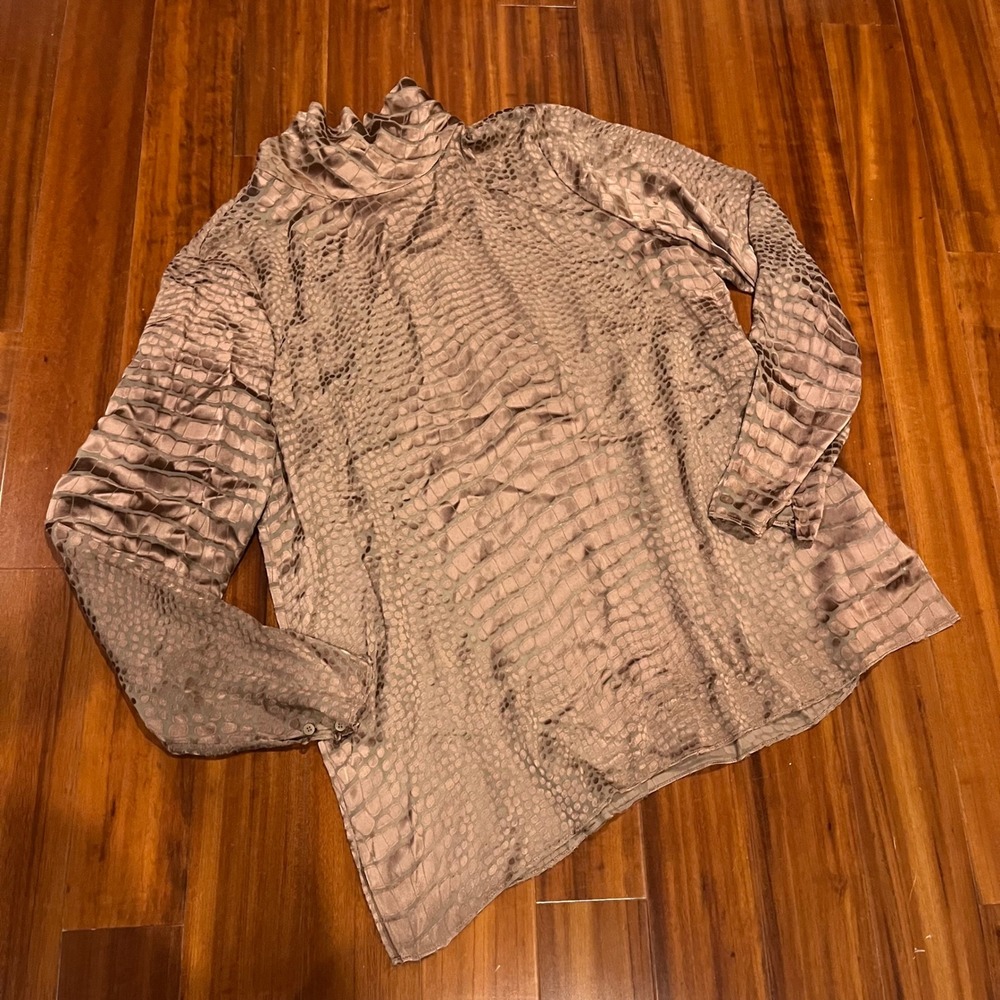 REISS Silk Top Blouse Della Long Sleeve Warm Brown Crocodile Print NWOT Size‎ 10
